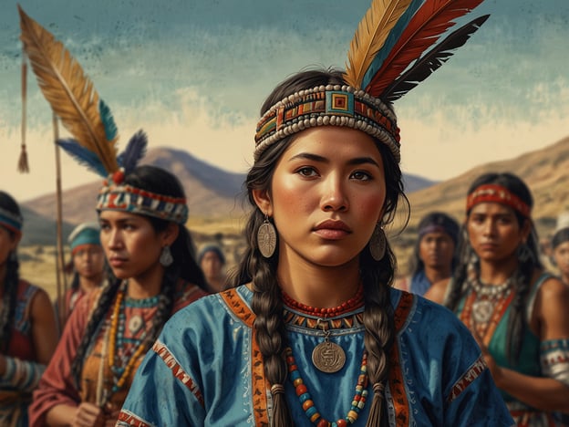 Auf dem Bild sind mehrere Frauen zu sehen, die traditionelle Kleidung der Mapuche tragen. Die Mapuche sind ein indigenes Volk aus Chile und Argentinien, bekannt für ihre reiche Kultur und Traditionen. Die Frauen tragen häufig farbenfrohe Kleidung, die mit symbolischen Mustern verziert ist, und ihre Frisuren sind oft mit Federn und Schmuck geschmückt, was auf große Bedeutung von Tradition und Identität hinweist.Die Mapuche haben eine tiefe Verbindung zur Natur und ihrer Geschichte, und ihre kulturellen Ausdrucksformen, wie Musik, Tanz und Kunst, spielen eine zentrale Rolle in ihrem Gemeinschaftsleben. Die dargestellten Frauen könnten an einer kulturellen Zeremonie oder einem Fest teilnehmen, was ihre Verbundenheit zur mapuche Identität und Tradition verdeutlicht.
