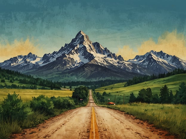 Auf dem Bild ist eine reizvolle Landschaft mit einer kiesigen Straße zu sehen, die durch grüne Wiesen und in der Ferne hohe, schneebedeckte Berge führt. Die Szenerie wirkt friedlich und einladend.Die beste Reisezeit für einen Besuch in solchen bergigen Regionen ist normalerweise im späten Frühling bis zum frühen Herbst (Mai bis September), wenn das Wetter mild ist und die Landschaft in voller Blüte steht. In den Wintermonaten kann es jedoch auch reizvoll sein, insbesondere für Wintersportarten.