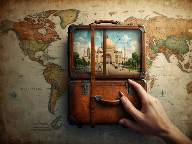 Auf dem Bild ist ein nostalgischer Reisekoffer zu sehen, der eine wunderschöne Illustration des Taj Mahals zeigt. Im Hintergrund ist eine alte Weltkarte zu erkennen, die den Reiz des Reisens und die Entdeckung neuer Orte symbolisiert.### Erlebnisberichte und persönliche Empfehlungen:1. **Reiselust wecken**: Der Anblick des Taj Mahals erinnert an eine Reise nach Indien, die viele als unvergesslich beschreiben. Die beeindruckende Architektur und die Geschichte des Taj Mahals ziehen viele Reisende in ihren Bann. Es ist empfehlenswert, die Umgebung zu erkunden, wie die Stadt Agra und das nahegelegene Fort, um das Gesamtbild zu erleben.2. **Kulturelle Einblicke**: Viele Besucher berichten von den faszinierenden interaktiven Setzungen und dem reichen Erbe, das in dieser Region spürbar ist. Ich empfehle, an einer geführten Tour teilzunehmen, um mehr über die Geschichte der Mogul-Dynastie und die Bedeutung des Taj Mahals zu erfahren.3. **Persönliche Tipps**: Versuche, den Sonnenaufgang oder Sonnenuntergang am Taj Mahal zu erleben. Die Lichtverhältnisse sind atemberaubend und bieten die perfekte Kulisse für Fotos, die du für die Ewigkeit festhalten möchtest. Ein Picknick im nahegelegenen Garten ist ebenfalls eine tolle Möglichkeit, den majestätischen Anblick zu genießen.Insgesamt vermittelt das Bild ein Gefühl von Abenteuer und Sehnsucht nach neuen Entdeckungen. Der Koffer könnte symbolisch für all die Reisegeschichten stehen, die darauf warten, erzählt zu werden.