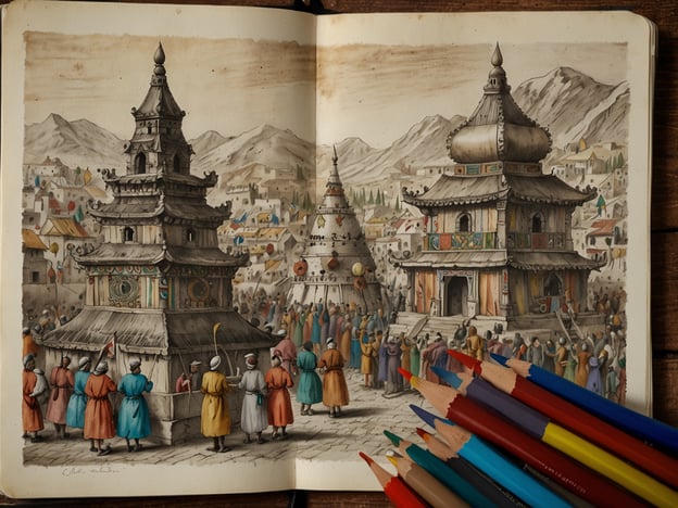 Auf dem Bild ist eine malerische Darstellung eines traditionellen Festes in einer asiatischen Stadt zu sehen, wahrscheinlich mit tibetischen oder mongolischen Einflüssen. Die bunten Pagoden und Stupas, die hier abgebildet sind, sind oft Teil religiöser Praktiken und Kultur.Kulturell gesehen spielt der Buddhismus in dieser Region eine zentrale Rolle, und die Stupas dienen nicht nur als religiöse Symbole, sondern auch als Orte des Gebets und der Meditation. Die Menschen in bunten Gewändern deuten auf eine festliche Atmosphäre hin, was mit örtlichen Legenden über die Feier von Erntefesten oder religiösen Feiertagen in Verbindung stehen könnte.Ein bekanntes Fest, das Ähnlichkeiten mit dieser Darstellung aufweist, ist das Tsagaan Sar, das mongolische Neujahrsfest, bei dem Familien zusammenkommen, um das neue Jahr zu feiern und die glückbringenden Kräfte der Vorfahren zu ehren. Die bunten Farben der Kleidung und die aufmerksamen Gesichter der Menschen zeigen die kulturelle Vielfalt und den Zusammenhalt in der Gemeinschaft.Diese Szenen sind tief in der Tradition und den Mythen verwurzelt, die in den Gemeinden lebendig gehalten werden, und sie spiegeln die enge Beziehung der Menschen zur Natur und zu den spirituellen Praktiken wider.