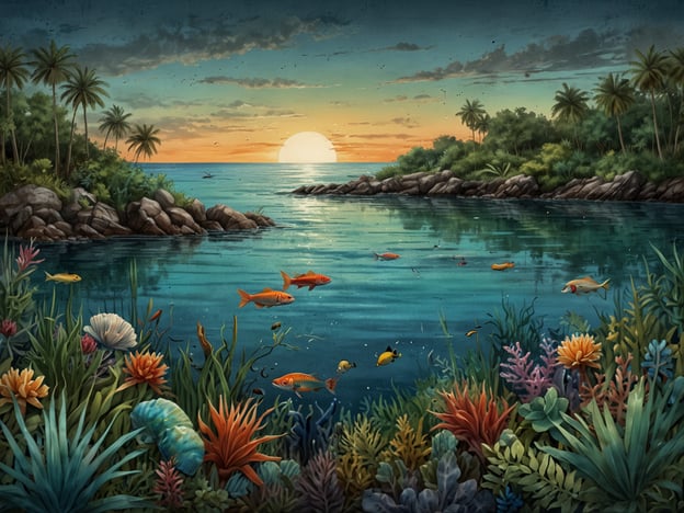 Auf dem Bild ist eine malerische Lagune bei Sonnenuntergang zu sehen. Die ruhig fließenden Gewässer sind von einer vielfältigen und bunten Pflanzenwelt umgeben. Tropische Palmen stehen am Ufer, während verschiedene Korallen und Wasserpflanzen im Wasser wachsen.In der Tierwelt der Lagune schwimmen mehrere Fischarten, darunter farbenfrohe Fische, die zwischen den Pflanzen umher schwimmen. Diese Ökosysteme sind entscheidend für die Gesundheit des Wasserlebens und bieten Lebensraum und Nahrungsquelle für zahlreiche Arten. Die harmonische Interaktion zwischen Pflanzen und Tieren trägt zur Biodiversität der Region bei.