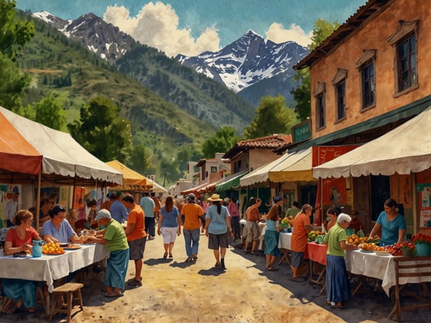 Auf dem Bild sieht man einen lebhaften Markt in einer malerischen Berglandschaft. Die Stände sind mit bunten Zelten ausgestattet und bieten eine Vielzahl von frischen Lebensmitteln, darunter Obst und Gemüse. Menschen schlendern durch die Gassen, während einige an den Ständen stehen und mit den Verkäufern kommunizieren.Besucher können hier lokale Spezialitäten probieren, an Essensständen Halt machen und die frische, regionale Kost genießen. Auch das Stöbern in den Ständen und das Verhandeln über Preise verleihen dem Erlebnis einen authentischen Touch. Die wunderschöne Naturkulisse mit den schneebedeckten Bergen im Hintergrund sorgt für eine entspannte und einladende Atmosphäre.
