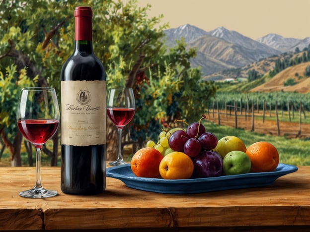 Auf dem Bild ist eine Flasche Rotwein mit zwei Weingläsern zu sehen, umgeben von einer Auswahl frischer Früchte auf einem Teller. Im Hintergrund erstreckt sich die malerische Landschaft des Colchagua-Tals, das für seine hervorragenden Weine bekannt ist.Kulinarische Highlights im Colchagua-Tal sind die exzellenten Rotweine, insbesondere die Cabernet Sauvignon und Carmenère, die hier in großer Qualität produziert werden. Zudem bietet die Region auch köstliche lokale Früchte und traditionelle chilenische Gerichte, die perfekt mit den Weinen harmonieren. Geschmackvolle Speisen wie Empanadas oder ein Asado runden das kulinarische Erlebnis ab.