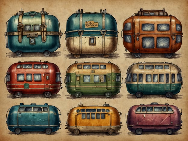 Auf dem Bild sind verschiedene Fahrzeuge und Anhänger zu sehen, die an nostalgische Camper oder Wohnwagen erinnern. Diese könnten für Reisen und Abenteuer genutzt werden.**Anreise**: Man könnte mit einem eigenen Fahrzeug zu einem beliebten Reiseort fahren oder eventuell öffentliche Verkehrsmittel wie Busse oder Züge nutzen, um in eine Region mit schöner Natur zu gelangen.**Unterkunftsmöglichkeiten**: Die abgebildeten Wohnwagen bieten eine gemütliche Form der Unterkunft, ideal für Campingplätze oder Naturparks. Alternativ könnte man auch in Ferienwohnungen oder Hotels übernachten, die oft in der Nähe von beliebten Ausflugszielen liegen.