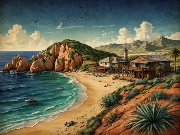 Auf dem Bild sieht man eine malerische Küstenlandschaft am Cabo de Hornos. Die Szene zeigt einen schönen Strand mit sanften Wellen, die gegen die Felsen schlagen, sowie einige Boote, die im Wasser treiben. Die Umgebung ist von sanften Hügeln und einem Leuchtturm geprägt, was auf die maritime Geschichte dieser Region hinweist.Hier könnten Abenteuer wie Angeln, Bootsausflüge oder Wanderungen entlang der Küste stattfinden. Die beeindruckenden Felsformationen laden zum Erkunden ein, während die friedliche Atmosphäre perfekt für entspannende Strandaktivitäten ist. In dieser fantastischen Kulisse könnte man auch wilde Tiere beobachten oder die einzigartige Flora der Region entdecken.