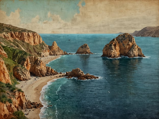 Auf dem Bild sind felsige Küsten landschaften mit Stränden und klarem Wasser zu sehen. Solche Landschaften könnten den Eindruck der Natur und der rauen Schönheit des Cabo de Hornos vermitteln.Der Cabo de Hornos ist für die Seefahrt von großer Bedeutung, da er als eine der wichtigsten Schifffahrtsrouten zwischen dem Atlantischen und dem Pazifischen Ozean gilt. Die Passage um das Kap erfordert von Schiffen besondere Seefahrtskenntnisse und Präparation, da die Gewässer dort oft ruppig und unberechenbar sind. Traditionell war der Kap entscheidend für den Welthandel, da viele Handelsrouten des 19. Jahrhunderts diesen Weg wählten, um die riesigen Entfernungen zu verkürzen, die die Reisen um das Kap der Guten Hoffnung wiedergegeben haben. Bis heute bleibt das Cabo de Hornos ein Symbol für die Herausforderungen und Abenteuer der Seefahrt.