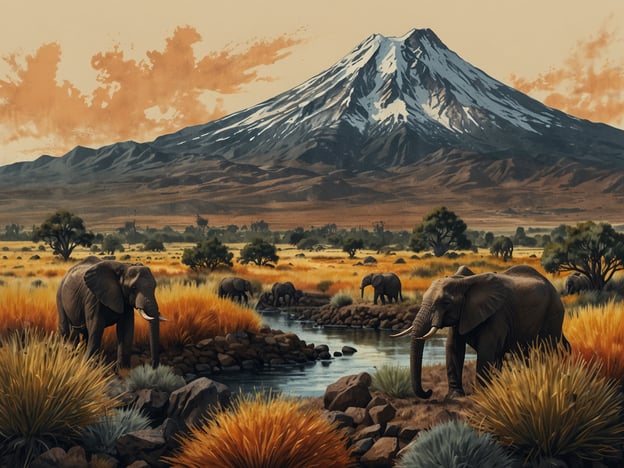 Auf dem Bild sind Elefanten in einer afrikanischen Landschaft mit einem schneebedeckten Berg im Hintergrund zu sehen. Die Farben und die Vegetation vermitteln eine warme, wüstenartige Atmosphäre.Im Gegensatz dazu sind die Galapagos-Inseln für ihre einzigartige Tierwelt und Biodiversität bekannt. Dort findet man endemische Arten, wie die berühmten Galapagos-Schildkröten und die verschiedenen Darwin-Finken. Die Isolation der Inseln hat eine Vielzahl von Anpassungen und Evolutionen gefördert, die in anderen Teilen der Welt nicht zu finden sind. Diese Besonderheiten machen die Galapagos-Inseln zu einem faszinierenden und wichtigen Ort für die Wissenschaft und den Naturschutz.