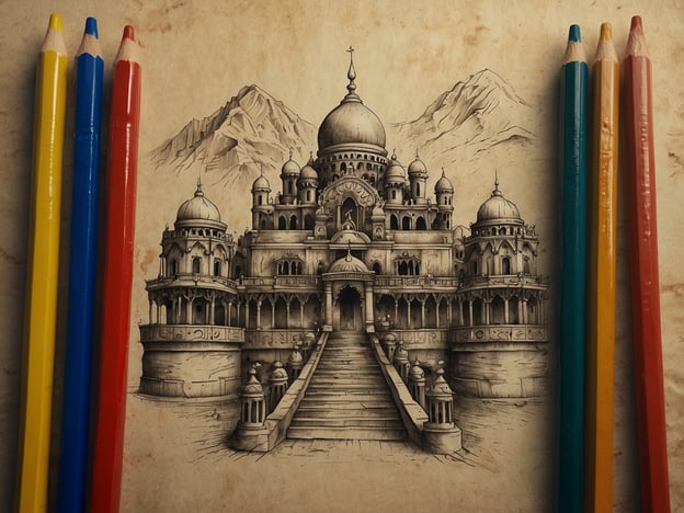 Auf dem Bild ist eine künstlerische Darstellung eines prächtigen Bauwerks zu sehen, das stark von indischer Architektur inspiriert ist. Solche Gebäude sind oft mit reich verzierten Kuppeln und Säulen ausgestattet, die eine wichtige Rolle in der kulturellen Identität Indiens spielen.Um das Gebäude herum sind Buntstifte angeordnet, was darauf hindeutet, dass es vielleicht um Kreativität und künstlerischen Ausdruck geht. Dies spiegelt die Tradition wider, Kunst als Teil des kulturellen Erbes zu fördern. In vielen Kulturen wird Kunst als wichtiges Kommunikationsmittel betrachtet, das Geschichten erzählt und Traditionen bewahrt.Die Kombination aus Architektur und künstlerischen Materialien in diesem Bild verdeutlicht die Verbindung zwischen Vergangenheit und Gegenwart sowie die Wertschätzung für Vielfalt und kreative Ausdrucksformen innerhalb der verschiedenen Traditionen.