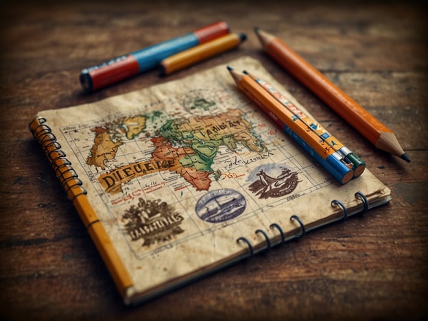 Auf dem Bild ist ein Notizbuch mit einer Weltkarte auf dem Cover zu sehen, sowie mehrere Buntstifte und Farbstifte in verschiedenen Farben, die um das Notizbuch herum angeordnet sind. Der Tisch, auf dem alles liegt, wirkt rustikal und organisiert.**Praktische Tipps für Deinen Besuch:**1. **Mitbringliste:** Bringe ein Notizbuch oder eine Skizze mit, um deine Eindrücke festzuhalten.2. **Stifte:** Packe verschiedene Schreib- und Zeichenutensilien ein, um kreativ zu sein.3. **Inspiration suchen:** Schau dir die Umgebung genau an, um neue Inspirationen für deine Projekte zu finden.4. **Gemütliches Ambiente:** Wähle einen ruhigen Platz, um in Ruhe zu arbeiten oder zu zeichnen.5. **Networking:** Nutze die Zeit, um mit anderen kreativen Köpfen ins Gespräch zu kommen und Ideen auszutauschen.Viel Spaß bei deinem Besuch!