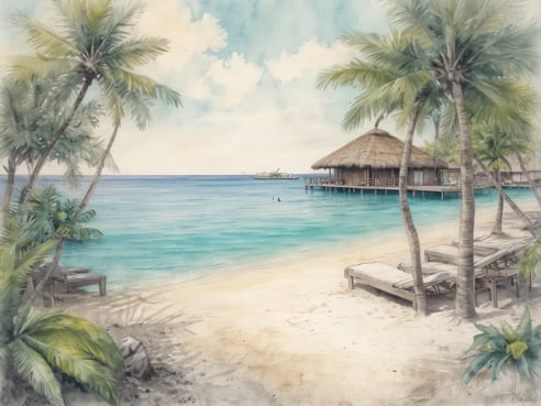 Ein idyllischer Strand mit feinem, hellen Sand und klarem, türkisfarbenem Wasser ist zu sehen. In der Nähe stehen gemütliche Liegen unter schattigen Palmen. Im Hintergrund sieht man eine hölzerne, mit Reet gedeckte Overwater-Villa, die auf Stelzen im Wasser errichtet ist. Die ruhige Atmosphäre wird durch einen blauen Himmel mit wenigen Wolken und das sanfte Plätschern der Wellen ergänzt. Im Wasser sind einige Personen beim Schwimmen zu erkennen.
