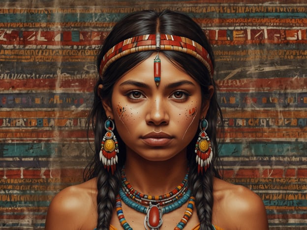 Auf dem Bild ist eine junge Frau mit traditioneller Bekleidung und Schmuck zu sehen, die kulturelle Elemente verkörpert, die mit den indigenen Wurzeln von Otavalo, einer Region in Ecuador, verbunden sind.Die Otavaleños sind bekannt für ihre reiche Kultur, die sich in bunter Textilkunst und Handwerkskunst widerspiegelt. Der Schmuck, die Farben und die Muster auf ihrer Kleidung sind typisch für die Otavalo-Gemeinschaft, die stolz auf ihre Traditionen ist und diese bis heute pflegt. Die Verzierung im Hintergrund könnte auch auf die kunstvollen Stickereien und Webarten hinweisen, die für die Region charakteristisch sind.Diese kulturellen Ausdrucksformen sind nicht nur ästhetisch, sondern tragen auch tiefere Bedeutungen und Erzählungen über Identität, Geschichte und Gemeinschaft.