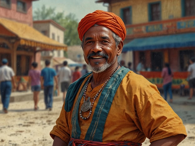 Auf dem Bild ist ein lächelnder Mann in traditioneller Kleidung mit einem orangefarbenen Turban zu sehen. Er befindet sich auf einem belebten Markt oder in einer Stadt, umgeben von Menschen und bunten Gebäuden im Hintergrund.Das Bild spiegelt die kulturellen Begegnungen in der Region wider, in der verschiedene Traditionen und Bräuche miteinander verschmelzen. Die lebendigen Farben und die freundliche Ausstrahlung des Mannes zeigen die kulturelle Vielfalt und das Gemeinschaftsgefühl, das oft in ländlichen oder touristischen Gebieten zu finden ist. Solche Orte sind häufig Schauplätze des Austauschs zwischen Einheimischen und Besuchern, was zu einer Bereicherung der kulturellen Erfahrungen führt.