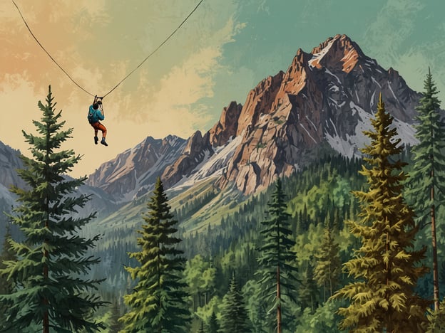 Auf dem Bild ist eine beeindruckende Berglandschaft zu sehen, in der sich ein Abenteurer an einem Seil durch die Luft schwingt. Diese Szene könnte Aktivitäten für Abenteuerliebhaber darstellen, wie beispielsweise:1. **Ziplining**: Über Wälder und Täler gleiten und dabei die Aussicht genießen.2. **Klettern**: Die umliegenden Felsen erklimmen und die Herausforderung der Natur spüren.3. **Wandern**: Die malerischen Pfade in der Nähe der Berge erkunden.4. **Fotografieren**: Atemberaubende Landschaften und Naturaufnahmen festhalten.Diese Aktivitäten bieten Nervenkitzel und die Möglichkeit, die Schönheit der Natur hautnah zu erleben.