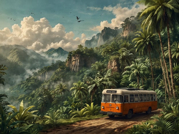 Auf dem Bild ist ein orangefarbener Bus auf einer staubigen Straße zu sehen, umgeben von üppiger tropischer Vegetation und hohen Bergen im Hintergrund. Die Szene vermittelt ein Gefühl von Abenteuer in einer malerischen Naturlandschaft.### Tipps für Deine Reise nach Mindo:1. **Anreise**: Der Zugang nach Mindo erfolgt häufig über Quito. Es gibt Busse, die regelmäßig von der Hauptstadt in die Region fahren.2. **Unterkünfte**: Es gibt zahlreiche Öko-Lodges und Hostels in Mindo, die einen direkten Zugang zur Natur bieten. Buche im Voraus in der Hochsaison.3. **Aktivitäten**: Mindo ist bekannt für seine Biodiversität. Besuche das Mindo-Nambillo-Reservat, um Vögel zu beobachten oder die verschiedenen Wasserfälle zu erkunden.4. **Essen**: Probiere lokale Spezialitäten in den kleinen Restaurants oder Cafés. Schokolade aus Mindo ist besonders berühmt.5. **Ausrüstung**: Bringe leichte Regenschutz- und Wanderschuhe mit, da das Wetter schnell umschlagen kann.6. **Respektiere die Natur**: Halte dich an die Regeln in Naturschutzgebieten und lasse keinen Müll zurück.Viel Spaß in Mindo!