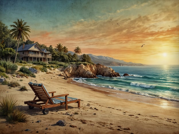 Auf dem Bild ist ein malerischer Strand zu sehen, der zu entspannenden Aktivitäten einlädt. Ein Liegestuhl steht im Sand, ideal für Sonnenbaden oder das Lesen eines guten Buches während des sanften Meeresrauschens. Die Palmen im Hintergrund sorgen für eine tropische Atmosphäre und laden zu Spaziergängen am Ufer ein.Die Sonne geht langsam unter und malt den Himmel in warmen Farben, was perfekt ist für romantische Abendspaziergänge oder um den Sonnenuntergang zu beobachten. Die Umgebung könnte auch für Wassersportaktivitäten wie Schwimmen, Surfen oder Kajakfahren genutzt werden. Insgesamt bietet dieser Ort ein ideales Ambiente für Erholung und Genuss der Natur.