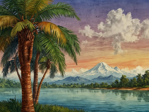 Auf dem Bild sind Palmen, ein ruhiger Fluss und ein schneebedeckter Berg im Hintergrund zu sehen. Dies erinnert an tropische Regionen, die oft in der Nähe des Äquators liegen.Der Äquator ist eine besondere Linie auf der Erde, die den Planeten in die nördliche und südliche Hemisphäre teilt. Er ist der Breitengrad 0° und verläuft durch 13 Länder, darunter Ecuador, Brasilien und Indonesien. Die Gebiete am Äquator sind bekannt für ihr ganzjährig warmes Klima und ihre üppige Vegetation, was zur Vielfalt der Flora und Fauna beiträgt. Zudem gibt es dort oft tropische Regenwälder, in denen zahlreiche seltene Arten leben.
