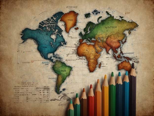 Auf dem Bild ist eine künstlerische Darstellung einer Weltkarte zu sehen, die in verschiedenen Farben gestaltet ist, um die Kontinente und Länder hervorzuheben. Die Karte ist im Stil einer alten Karte gehalten und zeigt geografische Merkmale sowie einige Beschriftungen.Bezüglich der Höhenmessung: Die Höhenlage von Orten auf der Karte kann durch den Bezug zum Erdmittelpunkt betrachtet werden. Der Erdmittelpunkt liegt etwa 6.371 Kilometer unter der Erdoberfläche, und die Höhenangaben beziehen sich darauf, wie hoch ein Punkt über dem Meeresspiegel liegt, der selbst in Bezug auf den Erdmittelpunkt gemessen wird. Höhenmessungen können also in Relation zu diesem zentralen Punkt der Erde interpretiert werden, wodurch Festland und Gebirgen im Kontext der Karte Bedeutung bekommen.Zusammengefasst ist das Bild eine bunte Weltkarte, die unterschiedliche Regionen darstellt und durch diese geografische Darstellung eine Grundlage für das Verständnis von Höhenlagen und Positionen auf der Erde bietet.
