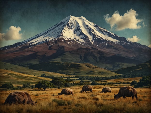 Auf dem Bild ist eine majestätische Landschaft mit einem hochgelegenen, schneebedeckten Berg zu sehen, der vermutlich den Chimborazo darstellt. Im Vordergrund grasen mehrere Tiere auf saftigen Wiesen, umgeben von sanften Hügeln und Bäumen. Diese Szene lädt zu einem Abenteuer und Erkundungen in der beeindruckenden Natur des Chimborazo ein, wo man sowohl die Schönheit der Landschaft als auch die lokale Tierwelt erleben kann. Das Gebiet bietet zahlreiche Aktivitäten, von Wanderungen bis hin zu Entdeckungen der einzigartigen Flora und Fauna, die in dieser Höhe gedeihen.
