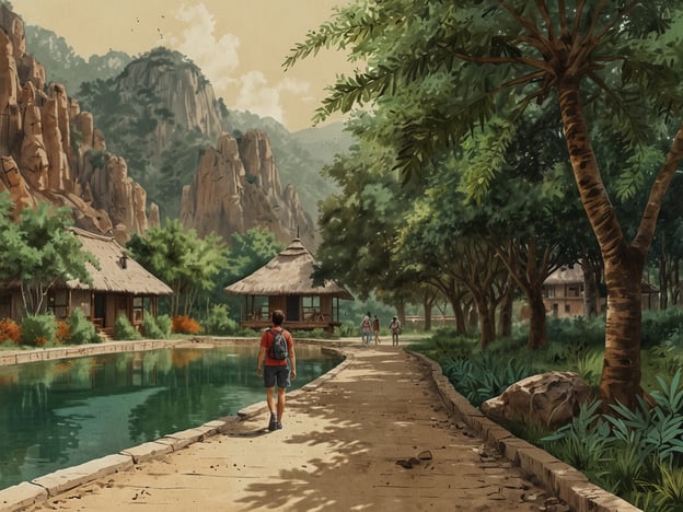 Auf dem Bild ist eine idyllische Landschaft zu sehen, die von üppiger Vegetation und malerischen Hütten geprägt ist. Es zeigt einen Weg entlang eines ruhigen Gewässers, umgeben von Bäumen und Felsen, auf dem Menschen spazieren gehen.Im Kontext zum Schutz und Erhalt des Chimborazo könnte man sagen, dass solche naturnahen Landschaften wichtig sind, um die Biodiversität zu fördern und ein nachhaltiges Miteinander von Mensch und Natur zu unterstützen. Der Chimborazo, als höchste Erhebung in Ecuador, benötigt ebenfalls Schutzmaßnahmen, um seine einzigartigen Ökosysteme und dieartenvielfalt zu bewahren.