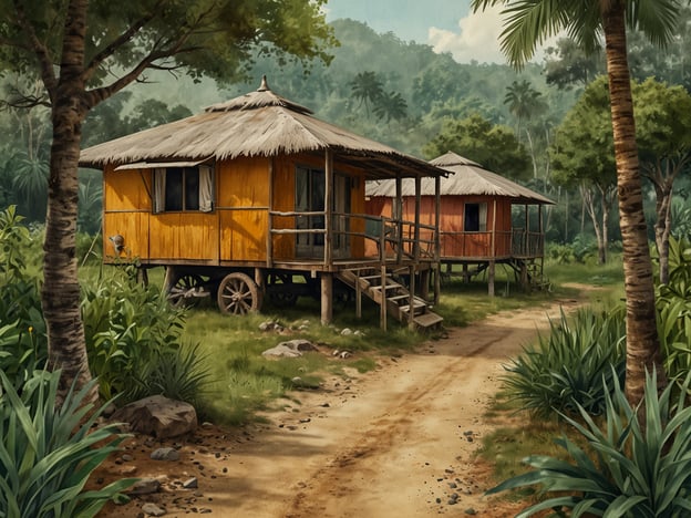 Auf dem Bild sind zwei farbenfrohe Hütten in einer tropischen Umgebung zu sehen, umgeben von üppiger Vegetation. Diese Art von Unterkunft könnte für nachhaltigen Tourismus auf der Isla de la Plata stehen, wo Besucher in harmonischem Einklang mit der Natur übernachten.Nachhaltiger Tourismus in dieser Region fördert umweltfreundliche Praktiken, unterstützt die lokale Wirtschaft und bietet Reisenden die Möglichkeit, die einzigartige Flora und Fauna der Insel zu erleben. Die Hütten könnten auch symbolisch für die Bemühungen stehen, den ökologischen Fußabdruck zu minimieren und gleichzeitig ein authentisches Urlaubserlebnis zu bieten.