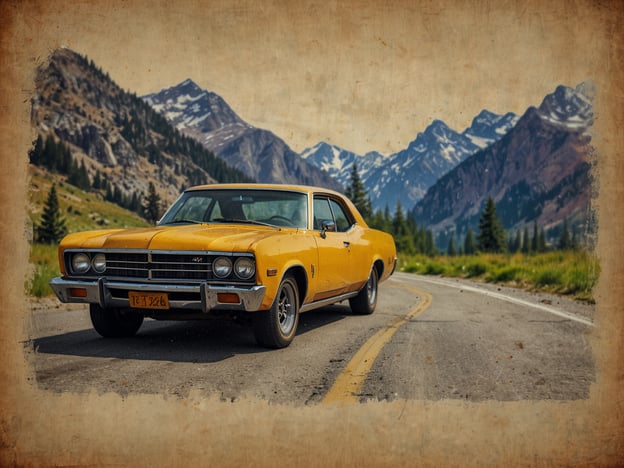 Auf dem Bild ist ein gelbes Auto zu sehen, das auf einer kurvenreichen Straße mit beeindruckenden Bergen im Hintergrund steht. Es vermittelt ein Gefühl von Abenteuer und Natur.Die besten Zeiten für einen Besuch dieser Art von Landschaft sind im Spätsommer und Herbst. Zu diesen Zeiten sind die Temperaturen angenehm, die Straßen sind oft weniger befahren und die Farben der Natur erstrahlen in leuchtenden Tönen.
