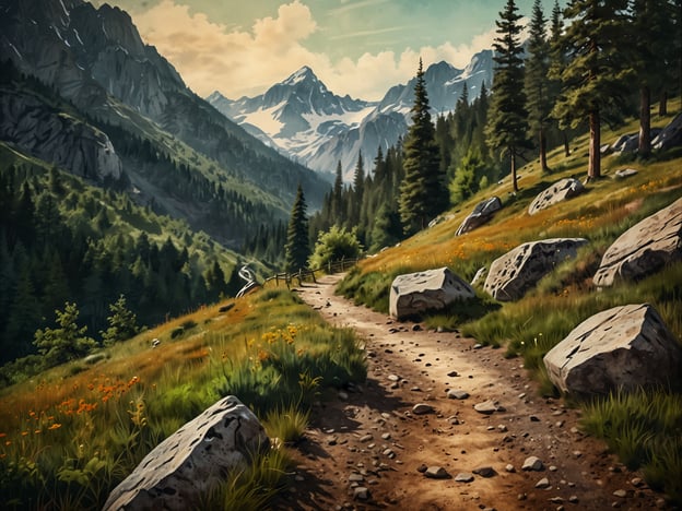Auf dem Bild ist eine malerische Landschaft mit einem Wanderweg zu sehen, der durch eine grüne Wiesenfläche führt. Umgeben von hohen Bergen, Nadelbäumen und großen Felsen bietet dieses Szenario perfekte Bedingungen für abenteuerliche Wanderungen.Für jeden Geschmack gibt es hier passende Routen:1. **Sanfte Spaziergänge** für Familien mit Kindern, die entlang des sonnigen Pfades führen und atemberaubende Ausblicke bieten.2. **Herausfordernde Bergtouren** für erfahrene Wanderer, die die steileren Hänge und schmaleren Pfade erkunden möchten.3. **Naturerlebnis-Touren** mit Fokus auf Flora und Fauna, ideal für Naturliebhaber, die das Leben in den Bergen beobachten und genießen möchten.Hier kann jeder seine große Abenteuerlust stillen!