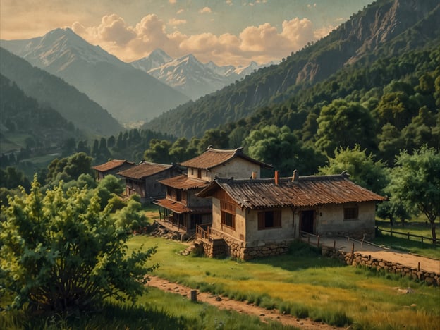 Auf dem Bild ist eine idyllische Landschaft in einem Tal zu sehen, mit traditionellen Gebäuden umgeben von üppigem Grün und majestätischen Bergen im Hintergrund. Diese Szenerie könnte die Langlebigkeit im Tal symbolisieren, da sie eine harmonische Verbindung zwischen Mensch und Natur darstellt.Mythen und Wahrheiten über Langlebigkeit im Tal betonen oft, dass eine gesunde Lebensweise, frische Luft und eine enge Gemeinschaft zu einem längeren Leben beitragen können. Traditionelle Praktiken, oft in solchen ländlichen Umgebungen, fördern zudem ein starkes Gefühl der Zugehörigkeit und die Möglichkeit, im Einklang mit der Natur zu leben, was ebenfalls positive Auswirkungen auf die Gesundheit haben kann.