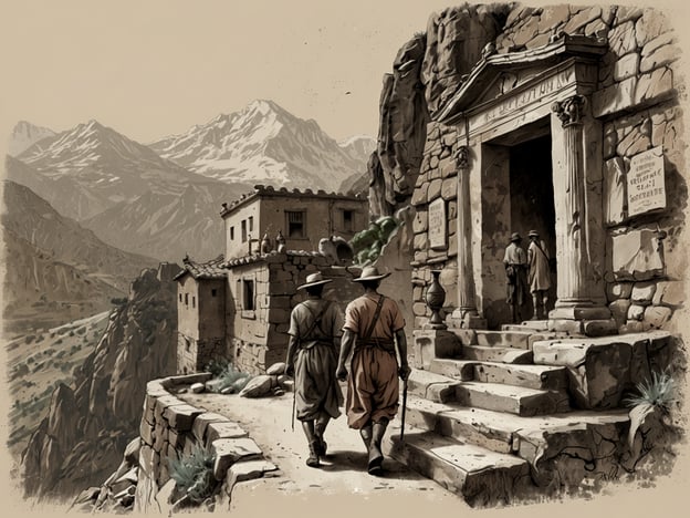Auf dem Bild sind zwei Personen zu sehen, die eine steinerne Treppe hinaufgehen, möglicherweise zu einem historischen Gebäude oder Tempel, das in eine bergige Landschaft eingebettet ist. Diese Umgebung lädt zu Erkundungen ein, etwa durch Wanderungen in den umliegenden Bergen, bei denen man die beeindruckende Natur und atemberaubende Ausblicke genießen kann.Man könnte auch die lokale Architektur und Geschichte erkunden, indem man das Gebäude näher betrachtet und mehr über dessen kulturelle Bedeutung erfährt. Zudem bieten sich Möglichkeiten für fotografische Aktivitäten, um die Schönheit der Landschaft und die historischen Elemente festzuhalten. Gespräche mit Einheimischen könnten weitere spannende Einblicke in die Traditionen und Bräuche der Region geben.
