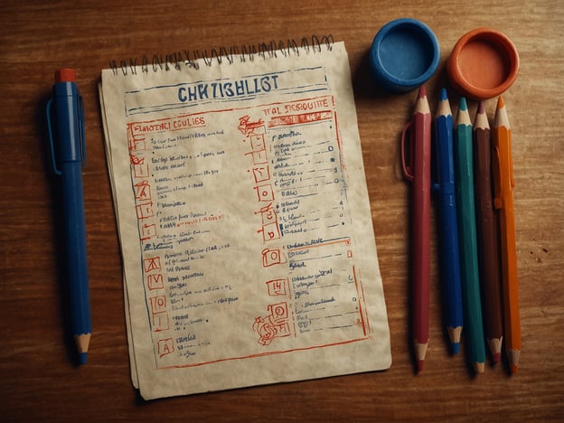 Auf dem Bild ist eine Notiz oder Checkliste zu sehen, die durch handschriftliche Einträge strukturiert ist. Es gibt verschiedene Kästchen, die wahrscheinlich abgehakt werden können, sowie einige Bleistifte und Markierungen in verschiedenen Farben.**Praktische Tipps für deinen Besuch:**1. **Vorbereitung:** Überlege dir vorab, was du auf deiner Checkliste stehen haben möchtest. Das hilft dir, deinen Besuch effizient zu planen.2. **Materialien mitnehmen:** Bringe zusätzliche Stifte oder Marker mit, um Änderungen oder Ergänzungen vorzunehmen.3. **Entspannung:** Verwende die Checkliste, um dir eine Übersicht zu verschaffen, aber lass dir auch Zeit, um die Umgebung zu genießen.4. **Anpassungen:** Sei flexibel – wenn dir vor Ort etwas Neues oder Interessantes begegnet, trage es spontan in deine Liste ein.5. **Dokumentation:** Mach dir Notizen zu besonderen Erlebnissen oder Eindrücken, die du beim Besuch sammelst, um sie später nachzuvollziehen.