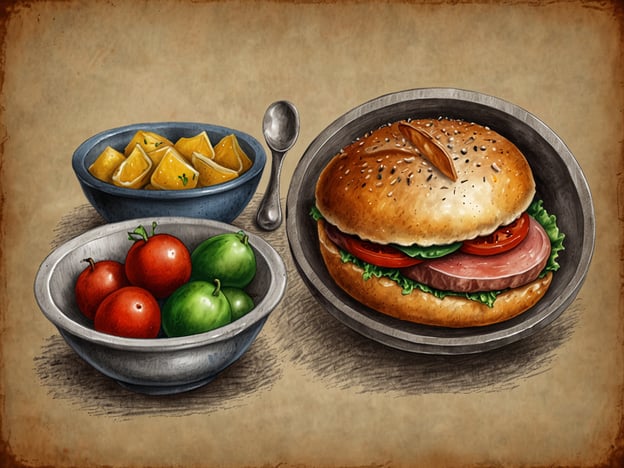 Auf dem Bild sind verschiedene kulinarische Genüsse zu sehen. Im Mittelpunkt steht ein saftiger Hamburger, der auf einem Teller serviert ist. Der Burger ist mit frischem Salat, Tomatenscheiben und einer Scheibe Fleisch belegt und wird von einem weichen, sesambestreuten Brötchen umhüllt.Neben dem Burger befinden sich zwei Schalen mit Beilagen: Eine Schale enthält bunte Tomaten, sowohl rote als auch grüne, die eine frische und gesunde Ergänzung darstellen. Die andere Schale zeigt gewürzte Kartoffelstücke, die goldbraun und ansprechend aussehen und eine klassische Beilage zu vielen Gerichten bilden. Dieses Bild vereint traditionelle und internationale Köstlichkeiten, die zusammen eine ausgewogene und schmackhafte Mahlzeit bieten.