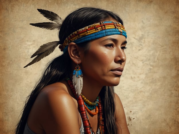 Auf dem Bild ist eine Frau zu sehen, die traditionelle Schmuckstücke und eine Kopfbedeckung trägt, die typisch für viele indigene Kulturen in Amerika sind. Diese Elemente, wie die bunten Perlen und die Federn, sind oft nicht nur ästhetisch, sondern tragen auch tiefere symbolische Bedeutungen, die mit Identität, Spiritualität und der Verbindung zur Natur verbunden sind.Die indigene Kultur ist reich an Traditionen, Mythen und Bräuchen, die von Generation zu Generation weitergegeben werden. Die Verwendung von Materialien aus der Natur, wie Federn und farbigen Steinen, spiegelt die enge Beziehung dieser Völker zur Umwelt wider. Schmuck und Bekleidung können auch den sozialen Status oder den Clan einer Person anzeigen.In vielen indigenen Gemeinschaften haben solche künstlerischen Ausdrucksformen eine wichtige Rolle in Zeremonien und Ritualen, die das spirituelle Leben und die kollektive Identität stärken. Das Bild könnte somit die Würdigung dieser Traditionen und die anhaltende Bedeutung der indigenen Kulturen in der heutigen Zeit symbolisieren.