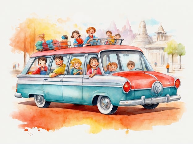 Auf dem Bild ist ein buntes Auto zu sehen, in dem mehrere Kinder fröhlich sitzen. Das Auto ist mit Gepäck auf dem Dach beladen, was auf einen Familienausflug hindeutet.Aktivitäten und Programme für Familien könnten beispielsweise folgende sein:1. **Roadtrip-Planung**: Gemeinsame Ausflüge zu schönen Zielen, wie Freizeitparks oder Naturparks.2. **Picknick im Park**: Snacks und Spiele im Freien, um die Zeit miteinander zu genießen.3. **Familienwanderungen**: Erkundung der Natur auf Wanderwegen, die für Kinder geeignet sind.4. **Kunst- und Bastelprojekte**: Kreative Workshops, in denen die Familie zusammenarbeitet.5. **Besuch von Veranstaltungen**: Teilnahme an lokalen Festen oder Märkten.Diese Aktivitäten fördern die Familienbande und schaffen gemeinsame Erinnerungen.