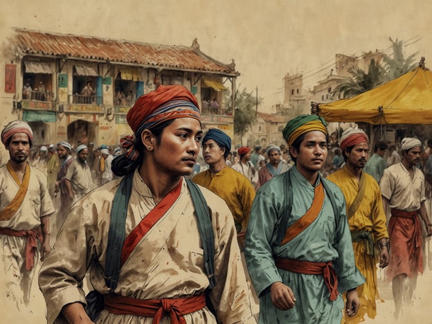 Auf dem Bild sind mehrere Männer in traditioneller Kleidung zu sehen, die durch eine belebte Marktstraße gehen. Ihre leuchtenden Farben und die Art der Bekleidung deuten auf eine kulturelle Veranstaltung oder ein Fest hin, möglicherweise in einer historischen asiatischen oder südasiatischen Umgebung.Solche Szenen sind oft Teil von Festivitäten, Märkten oder Zeremonien, bei denen Menschen zusammenkommen, um ihre Traditionen zu feiern. Diese kulturellen Erlebnisse fördern den Austausch und die Gemeinschaft und sind oft geprägt von Musik, Tanz und kulinarischen Spezialitäten. Die Männer könnten an einer Feier, einem Marktbesuch oder einem rituellen Ereignis teilnehmen, was die Vielfalt und den Reichtum der jeweiligen Kultur widerspiegelt.