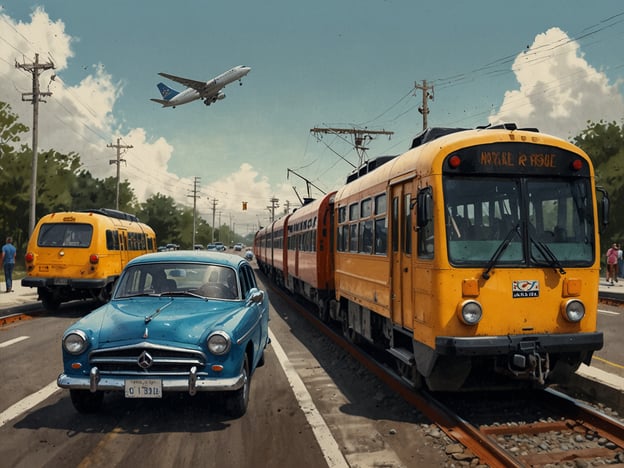 Auf dem Bild sind verschiedene Verkehrsmittel zu sehen: ein blaues Auto, ein gelber Bus und eine orangefarbene Straßenbahn. Im Hintergrund ist ein Flugzeug zu sehen, das gerade landet oder startet. Diese Szene spielt vermutlich in einer städtischen Umgebung mit einem geschäftigen Verkehrsfluss.### Anreise und praktische Tipps für den Besuch:1. **Öffentliche Verkehrsmittel nutzen**: Überprüfen Sie die Fahrpläne von Bussen und Straßenbahnen, um bequem in die Innenstadt zu gelangen. Oft gibt es Tageskarten, die sehr günstig sind.2. **Fahrgemeinschaften bilden**: Wenn Sie mit dem Auto anreisen, erwägen Sie Fahrgemeinschaften, um Parkkosten zu sparen und den Verkehr zu reduzieren.3. **Flughafentransfer**: Falls Sie aus weiter her anreisen, informieren Sie sich über Shuttle-Services oder öffentliche Verkehrsmittel zum Stadtzentrum.4. **Parkmöglichkeiten**: Falls Sie mit dem Auto kommen, suchen Sie örtliche Parkhäuser oder Street-Parking, um sicherzustellen, dass Sie einen Platz finden.5. **Navigationshilfen nutzen**: Verwenden Sie Apps oder GPS, um sich besser im Stadtverkehr zurechtzufinden, möglichst Staus oder Baustellen zu vermeiden.6. **Ort erkunden**: Planen Sie etwas Zeit ein, um die Umgebung zu Fuß zu erkunden. Oft gibt es interessante Läden, Cafés und Attraktionen in der Nähe der Verkehrswege.Mit diesen Tipps wird Ihr Besuch in der Stadt sicherlich angenehm und stressfrei!