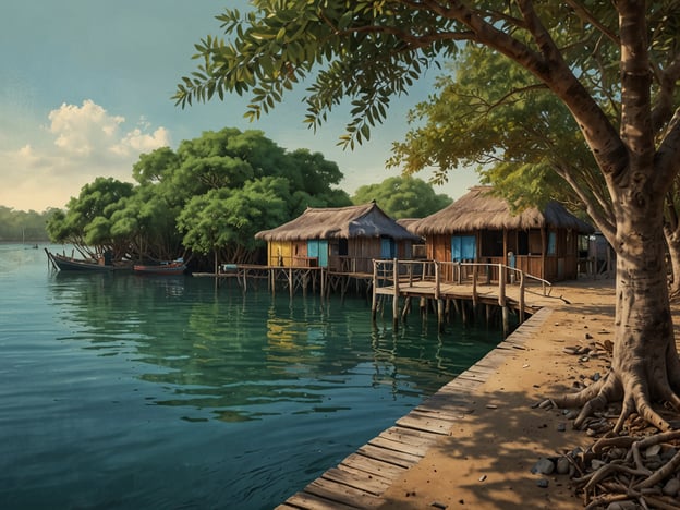 Auf dem Bild sind charmante Hütten auf Stelzen zu sehen, umgeben von üppigem Grün und einem ruhigen Gewässer. Diese Szenerie erinnert an die Küstenregionen von Puerto López, Ecuador, die für ihre atemberaubenden Naturlandschaften und kulturellen Highlights bekannt sind.In Puerto López können Besucher die umliegenden Mangrovenwälder erkunden, die ein wichtiger Lebensraum für viele Tierarten sind. Die Region ist auch berühmt für den Nationalpark Machalilla, wo man beeindruckende Strände und eine vielfältige Flora und Fauna entdecken kann. Ein weiteres Highlight ist die nahegelegene Isla de la Plata, oft als „arme Männerversion der Galapagos-Inseln“ bezeichnet, bekannt für ihre einzigartige Tierwelt, darunter Albatrosse und tropische Vögel.Zusätzlich ist Puerto López ein beliebter Ausgangspunkt für Walbeobachtungen, besonders während der Saison von Juni bis September, wenn Buckelwale in die Gewässer kommen, um zu kalben und zu paaren. Diese Kombination aus Natur, Tierwelt und Kultur macht Puerto López zu einem faszinierenden Reiseziel.