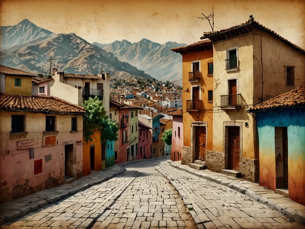Auf dem Bild ist eine malerische Straße in einer Stadt mit bunten Häusern und einer beeindruckenden Berglandschaft im Hintergrund zu sehen. Diese Szene spiegelt die kulturelle Vielfalt und die Traditionen von Loja wider, einer Stadt in Ecuador, die bekannt für ihre reiche Geschichte und lebhaften Bräuche ist.Die bunten Fassaden der Häuser repräsentieren die lokale Architektur und die Freude der Bewohner, während die gepflasterte Straße auf die traditionelle Bauweise hinweist. In Loja werden zahlreiche Feste gefeiert, wie das Festival der Musik und der Künste, die eng mit der Identität und Kultur der Region verbunden sind. Die Berglandschaft im Hintergrund symbolisiert die natürliche Schönheit und die Bedeutung der Umwelt in den Traditionen der Einheimischen.