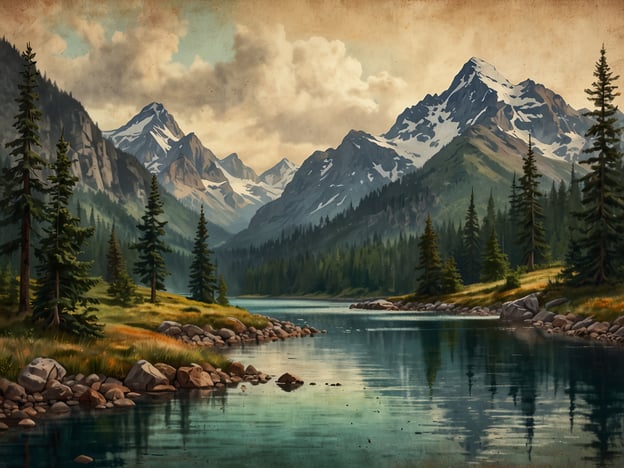 Auf dem Bild ist eine malerische Hochlandlandschaft zu sehen. Hoch aufragende Berge, die mit Schnee bedeckt sind, umgeben einen klaren, ruhigen See. Dichte Nadelwälder und steinige Ufer verleihen der Szenerie eine unberührte, natürliche Schönheit.Stell dir vor, wie es wäre, durch diese Landschaft zu wandern: der frische Duft der Kiefernbäume, das sanfte Plätschern des Wassers und das Gefühl der Freiheit, gleich um die nächste Ecke ein neues, atemberaubendes Panorama zu entdecken. Die majestätischen Gipfel laden dazu ein, ihre Höhen zu erklimmen, während die schattigen Waldwege zur Erkundung einladen. Es ist ein Ort, an dem man die Natur in ihrer vollsten Pracht erleben kann.