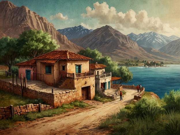 Auf dem Bild ist eine malerische Landschaft zu sehen, die Elemente von Kulturellen Begegnungen im El Cajas widerspiegelt. Es zeigt ein traditionelles, rustikales Haus mit einem roten Ziegeldach, umgeben von einer atemberaubenden Berglandschaft und einem ruhigen Gewässer. Die sanften Hügel und die üppige Vegetation bieten einen Eindruck der beeindruckenden Naturregion.Die Personen im Bild, die sich auf dem Weg befinden, könnten als Symbol für den Austausch zwischen dem lokalen Lebensstil und den Besuchern der Region stehen. Solche kulturellen Begegnungen fördern das Verständnis für die Traditionen und die natürliche Schönheit von El Cajas, einem Ort, der für seine Biodiversität und seine kulturelle Geschichte bekannt ist.