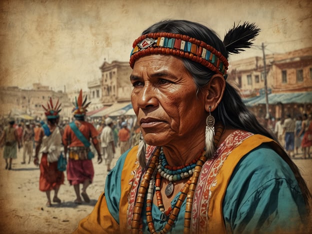 Auf dem Bild sieht man eine Person, die traditionelle Kleidung trägt und mit auffälligem Schmuck verziert ist. Diese Darstellung lässt auf die reiche Kultur der Puyos schließen, einer indigenen Gruppe aus dem Amazonasgebiet, die für ihre beeindruckenden Handwerkstechniken und farbenfrohen Textilien bekannt ist.Die Verwendung von Perlen und Federn in der Tracht spiegelt die tief verwurzelten spirituellen und kulturellen Traditionen wider, die seit Generationen weitergegeben werden. Die belebte Umgebung im Hintergrund deutet auf ein soziales oder festliches Ereignis hin, das in vielen indigenen Gemeinschaften eine wichtige Rolle spielt, um Brauchtum und Zusammenhalt zu pflegen. Solche Szenen sind ein Fenster in die vielfältige Geschichte und die lebendige Gegenwart der Puyos-Kultur.