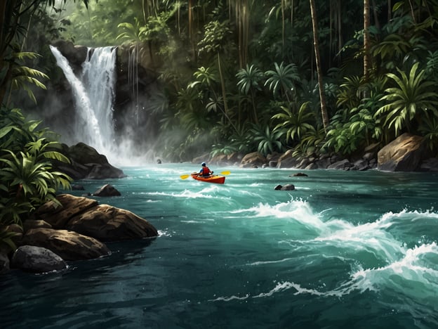 Auf dem Bild sieht man einen Kajakfahrer, der einen Fluss in einer üppigen, tropischen Umgebung entlang paddelt. Diese Szenerie erinnert an die atemberaubende Natur rund um Puyo in Ecuador. In der Gegend gibt es viele ähnliche Erlebnisse, wie das Paddeln in klaren Flüssen, die von beeindruckenden Wasserfällen umgeben sind.Die üppige Vegetation, die man sieht, ist typisch für den Amazonas-Regenwald, wo man eine Vielzahl von Pflanzen und Tieren entdecken kann. Solche Abenteuer ermöglichen es Besuchern, die faszinierende Biodiversität und die Schönheit der Natur hautnah zu erleben, sei es beim Kajakfahren oder beim Wandern durch die dichten Wälder. Puyo ist ein wahres Paradies für Naturliebhaber und Abenteuerlustige.