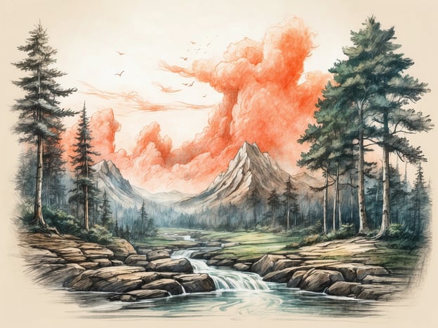 Auf dem Bild ist eine malerische Landschaft mit Bergen, einem Fluss und zahlreichen Bäumen zu sehen. Der Himmel ist teilweise mit Wolken gefüllt, die in einem warmen Farbton gehalten sind.Der Kletterwald Waldmünchen ist ein Abenteuerpark in der Nähe von Waldmünchen, Deutschland. Dort gibt es verschiedene Kletterparcours in unterschiedlichen Schwierigkeitsgraden, die sowohl für Kinder als auch für Erwachsene geeignet sind. Der Park befindet sich in einer schönen Waldlandschaft und bietet Besuchern die Möglichkeit, ihre Kletterfähigkeiten in der Natur auszuprobieren und gleichzeitig die Umgebung zu genießen.