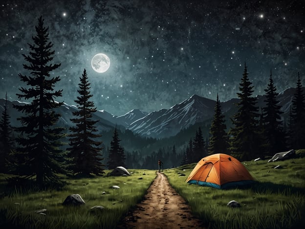 Auf dem Bild sieht man eine schöne Naturlandschaft bei Nacht. Es gibt einen schmalen Weg, der durch eine grüne Wiese führt, umgeben von hohen Nadelbäumen. Im Vordergrund steht ein orangefarbenes Zelt, das ideal für Camping ist.Aktivitäten für Naturfreunde könnten folgendes umfassen:1. **Camping:** Übernachten im Zelt, um die Natur hautnah zu erleben.2. **Wanderungen:** Den Weg entlanggehen und die Umgebung erkunden, vielleicht sogar zu einem nahegelegenen Aussichtspunkt.3. **Sternenbeobachtung:** Nach Einbruch der Dunkelheit den klaren Sternenhimmel genießen und Sternbilder beobachten.4. **Fotografie:** Die wunderschöne Landschaft und die Nachtstimmung festhalten.5. **Feuerstellen:** Ein kleines Lagerfeuer machen, um den Abend ausklingen zu lassen und sich zu wärmen.Diese Aktivitäten bieten eine großartige Möglichkeit, die Natur zu genießen und sich zu entspannen.