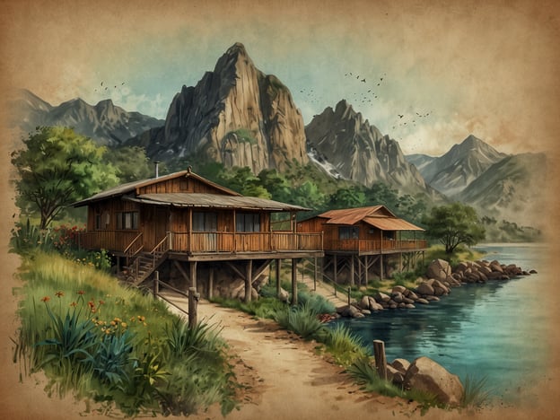 Auf dem Bild sind malerische Holzhäuser zu sehen, die an einem Gewässer stehen, umgeben von grüner Natur und majestätischen Bergen im Hintergrund. Diese Art von Umgebung kann ideal für nachhaltigen Tourismus auf Santa Cruz sein.Nachhaltiger Tourismus fördert den Erhalt der natürlichen Ressourcen und unterstützt die lokale Gemeinschaft. Die prächtigen Landschaften und die ruhige Atmosphäre bieten Reisenden die Möglichkeit, die Schönheit der Natur zu genießen, während gleichzeitig Maßnahmen zum Schutz dieser wertvollen Umgebung ergriffen werden. Urlauber können lokale Angebote nutzen, wie geführte Touren durch die Natur, nachhaltige Unterkünfte und umweltfreundliche Aktivitäten, um das einzigartige Ökosystem von Santa Cruz zu erleben.