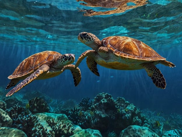 Auf dem Bild sind zwei Meeresschildkröten zu sehen, die elegant durch das klare Wasser schwimmen. Diese majestätischen Tiere sind bekannt für ihre sanfte Art. Wenn man einmal die Möglichkeit hat, ihnen in ihrem natürlichen Lebensraum zu begegnen, ist es ein unvergessliches Erlebnis.Ihre entspannte Bewegungsweise und die schönen Muster auf ihren Schalen faszinieren viele Schnorchler und Taucher. Oft schwimmen sie harmonisch in Gruppen und genießen die Ruhe des Ozeans, was eine tiefe Verbindung zur Natur vermittelt.