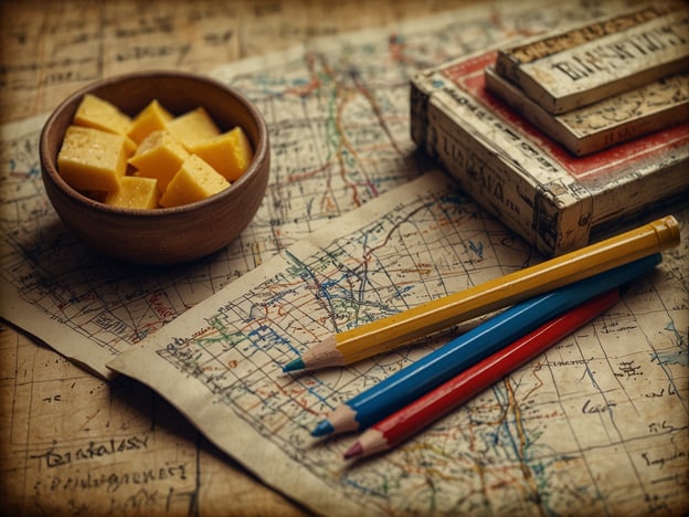 Auf dem Bild sind einige interessante Reiseutensilien zu sehen: eine Schüssel mit Käsewürfeln, verschiedene farbige Buntstifte und alte Karten. Hier sind einige Tipps für die perfekte Reise, inspiriert von dem Bild:1. **Planung ist alles**: Nutze Karten, um deine Route zu planen. Alte Karten können nostalgische Inspiration bieten und versteckte Orte zeigen.2. **Snacks für unterwegs**: Ein kleiner Snack wie Käse kann dir unterwegs Energie geben und den Magen beruhigen. Packe gesunde Snacks ein, um lange Reisen angenehmer zu gestalten.3. **Kreativ bleiben**: Nimm Buntstifte oder Skizzenbuch mit, um deine Erlebnisse festzuhalten. Zeichnen oder Schreiben kann eine wunderbare Art sein, Erinnerungen zu bewahren.4. **Flexibilität einplanen**: Lass Platz für spontane Entdeckungen. Manchmal sind die besten Erlebnisse diejenigen, die nicht auf deinem ursprünglichen Plan standen.5. **Lerne über die Kultur**: Alte Karten können dir helfen, mehr über die Geschichte und Kultur der Orte zu erfahren, die du besuchst. Schenke auch der lokalen Küche Aufmerksamkeit.Viel Spaß bei deiner nächsten Reise!