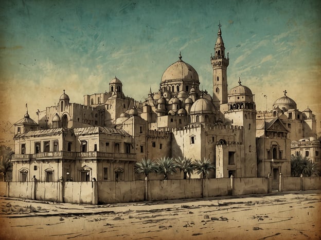 Auf dem Bild ist eine historische Architektur zu sehen, die stark an orientalische Baustile erinnert. Die Kuppeln und Türme deuten auf eine Moschee oder ein historisches Gebäude hin, das in vielen Orten des Nahen Ostens zu finden ist. Solche Gebäude sind oft Teil von alten Stadtzentren, die reich an Geschichte und Kultur sind.In der lokalen Kultur könnte dieser Stil die Kunstfertigkeit der Handwerker widerspiegeln, die in vergangenen Jahrhunderten komplexe und beeindruckende Strukturen errichtet haben. Vielleicht könnte dieses Bild eine symbolische Darstellung von Städten wie Kairo oder Jerusalem sein, die für ihre historischen Stätten und die faszinierende Mischung aus verschiedenen Kulturen bekannt sind. Die Palmen im Vordergrund bringen zudem einen tropischen Flair, der typisch für viele Regionen in der Nähe des Mittelmeers ist.
