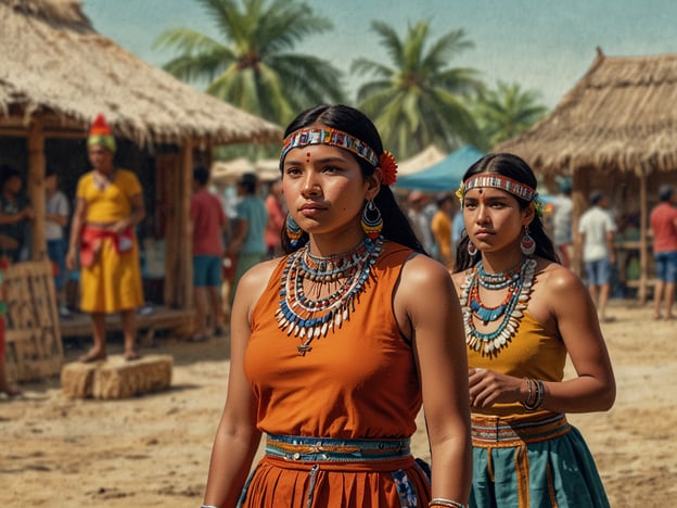 Auf dem Bild sind zwei Frauen zu sehen, die traditionelle Kleidung tragen, die möglicherweise mit den Bräuchen der Guamote-Einwohner verbunden ist. Diese Gemeinschaft in Ecuador ist bekannt für ihre lebendige Kultur und ihre traditionellen Feste.Die Frauen könnten aus einem Festumzug kommen, wo es üblich ist, farbenfrohe Trachten und Schmuck zu tragen, der oft aus lokalem Material gefertigt ist. Diese Bekleidungsstücke symbolisieren oft die Verbindung zur Natur und den Stolz auf das eigene Erbe.Außerdem ist die Gemeinschaft dafür bekannt, ihre alten Traditionen durch Musik und Tanz lebendig zu halten. Die Schmuckstücke, die sie tragen, könnten auch eine kulturelle Bedeutung haben, etwa ihren sozialen Status oder ihre Zugehörigkeit zu bestimmten Gruppen innerhalb der Gemeinschaft zu kennzeichnen.Solche Feste sind wichtige Gelegenheiten, um die Identität und die Werte der Guamote-Einwohner zu feiern und zu bewahren.