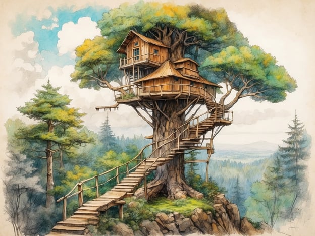 Auf dem Bild ist ein Baumhaus abgebildet, das inmitten einer malerischen Waldlandschaft steht. Der Kletterwald Waldmünchen bietet spezifische Besonderheiten, wie zum Beispiel:1. **Vielfältige Parcours**: Der Kletterwald ist bekannt für abwechslungsreiche Kletterrouten, die für verschiedene Altersgruppen und Fähigkeitsstufen geeignet sind.2. **Naturnahe Erlebnisse**: Die Anlagen sind oft in die natürliche Umgebung integriert, was ein besonderes Naturerlebnis ermöglicht.3. **Sicherheitskonzept**: Der Kletterwald legt großen Wert auf Sicherheit und verwendet moderne Sicherungssysteme.4. **Familienfreundlich**: Es gibt Angebote, die explizit für Familien und Kinder ausgelegt sind, um gemeinsam Abenteuer zu erleben.Die Darstellung des Baumhauses könnte als eine ideale Kulisse für solche Abenteuer im Kletterwald dienen.