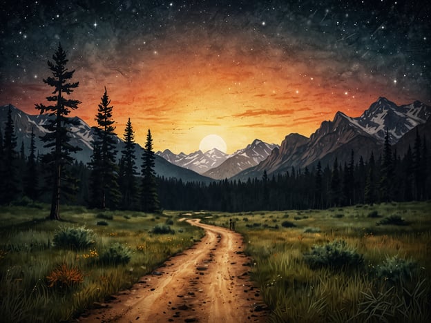 Auf dem Bild ist eine malerische Landschaft mit einer schmalen, gewundenen Straße zu sehen, die durch eine weitläufige Wiese führt. Umgeben von hohen Bäumen und majestätischen Bergen im Hintergrund, leuchtet der Horizont in warmen Orangetönen, während die Sonne aufgeht.Aktivitäten für Naturliebhaber in solch einer Umgebung könnten sein:1. **Wandern:** Auf den vielen Wegen die Landschaft erkunden und die frische Luft genießen.2. **Naturfotografie:** Die atemberaubenden Ausblicke festhalten, besonders bei Sonnenaufgang oder Sonnenuntergang.3. **Vögel beobachten:** In den Bäumen und der Wiese nach verschiedenen Vogelarten Ausschau halten.4. **Picknick:** Ein Picknick im Grünen machen und die Natur in vollen Zügen genießen.5. **Sternenbeobachtung:** Bei Nacht die Sterne und den Himmel betrachten, da die Landschaft anscheinend wenig Lichtverschmutzung hat.Diese Aktivitäten ermöglichen es, die Schönheit der Natur zu erleben und sich entspannen.