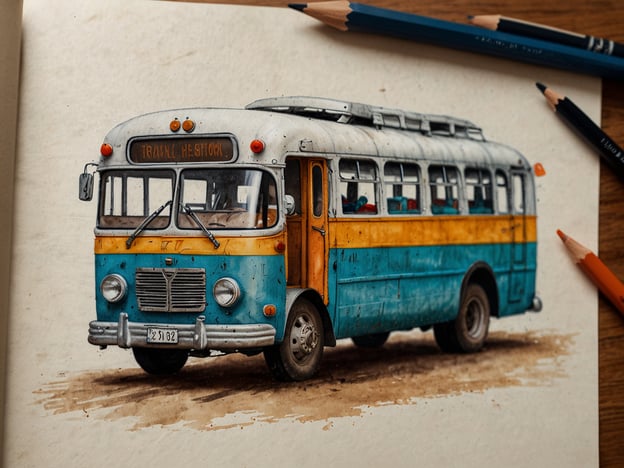 Auf dem Bild ist ein kunstvoll gezeichneter Vintage-Bus zu sehen, der in ansprechenden Farben gestaltet ist, vorzugsweise in Blau und Gelb. Dieser Bus könnte ein Symbol für öffentliche Verkehrsmittel oder für nostalgische Reisen sein.**Anreise:**Wenn du mit dem Bus reisen möchtest, informiere dich über die verfügbaren Linien in deiner Stadt oder Region. Viele Linien bieten besondere Tourangebote an, die eine Erkundung der Umgebung ermöglichen.**Praktische Tipps:**1. **Fahrkarten im Voraus buchen:** Oft gibt es online günstigere Tickets.2. **Fahrpläne prüfen:** Informiere dich über die Abfahrtszeiten und verzichte auf unnötige Wartezeiten.3. **Kleinere Gepäckstücke:** Achte darauf, nur das Nötigste mitzunehmen, um den Platz im Bus zu maximieren.4. **Unterhaltung mitnehmen:** Ein gutes Buch oder Musik auf deinem Smartphone kann die Reise angenehmer gestalten.Viel Spaß bei deiner Reise!
